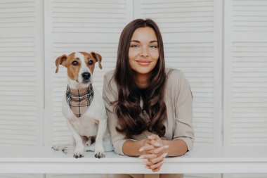 Siyah saçlı güzel bir kadının fotoğrafı, Jack Russel Terrier 'la vakit geçiriyor, hayvanları seviyor, evcil hayvanlarla dostça ilişkiler kuruyor, beyaz masada birlikte poz veriyor, birlikte oynuyor..