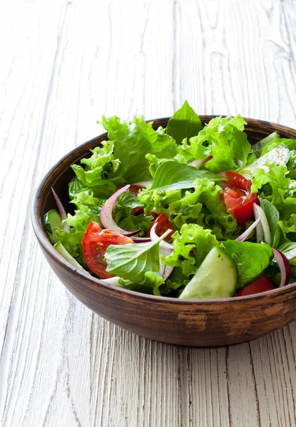 Növényi saláta, friss saláta, paradicsom és uborka — Stock Fotó