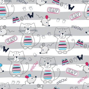 Şirin doodle kedi, fare, kalpleri ve letterin ile Seamless Modeli