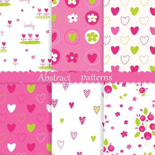 Childish seamless patterns with abstract graphic floral and hear — Stock Vector