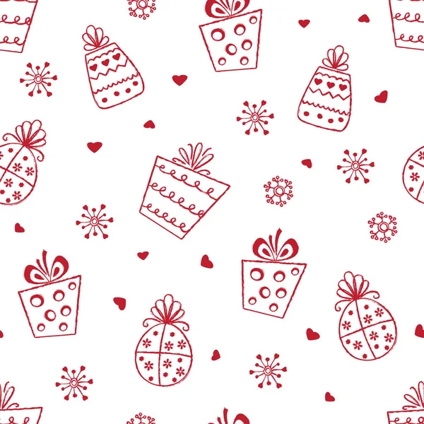 Nieuwjaar en Kerstmis naadloze patroon met doodle geschenkdozen — Stockvector