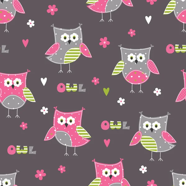 Seamless pattern with cute owls and floral elements — Stock Vector