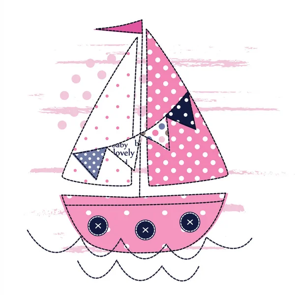 キッズ デザインのかわいい帆船とベクトル図 — ストックベクタ