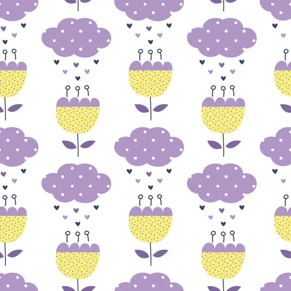 Seamless pattern with cute abstract flowers and clouds — Stock Vector