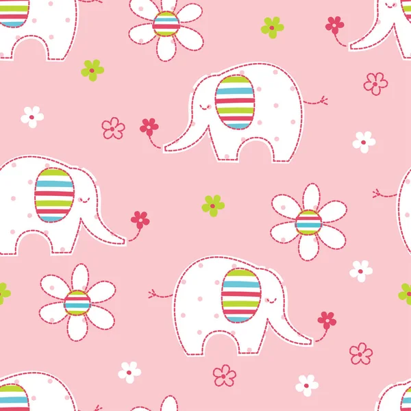 Seamless mönster med söta elefanter och blommor — Stock vektor