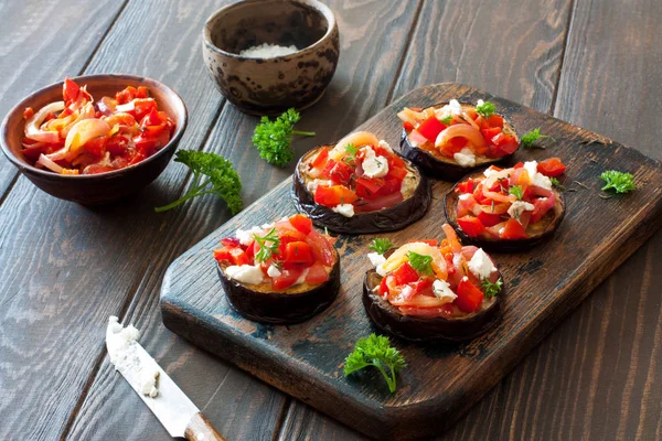 Eggplants, tomatoes , sweet peppers and ricotta snack — Stock Photo, Image