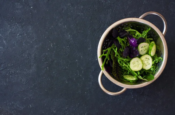 Gemengde salade verlaat sla en frisee, rucola, basilicum, komkommer — Stockfoto