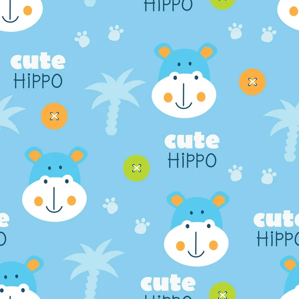 Cute hippo and palms blue seamless pattern — Stock Vector