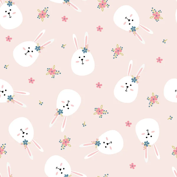 Easter seamless pattern with cute rabbits and flowers