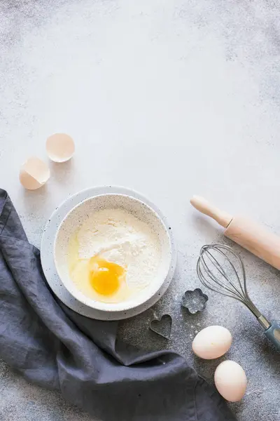 Bakery Ingredients Wheat Flour Raw Eggs Kitcen Utensils Gray Stone — Stock Photo, Image