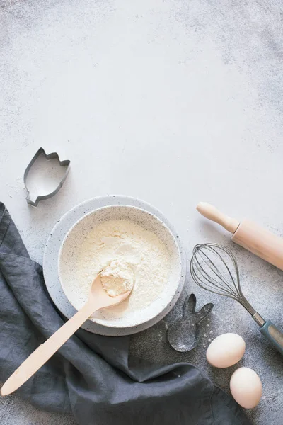 Bakery Ingredients Wheat Flour Raw Eggs Kitchen Utensils Gray Stone — Stock Photo, Image