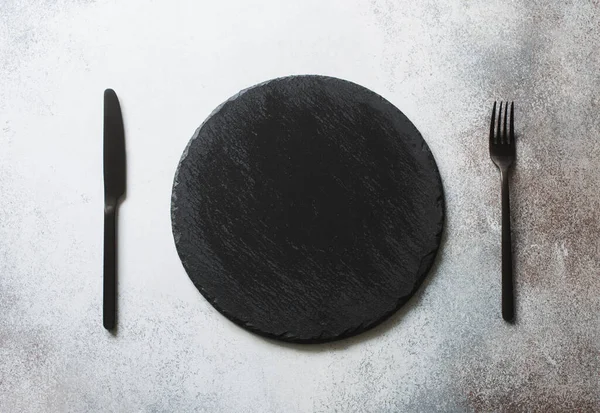 Black Stone Slate Fork Knife Gray Stone Background Flat Lay — Stock Photo, Image