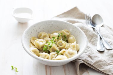 Beyaz ahşap arka planda beyaz tabakta ev yapımı etli börekler.