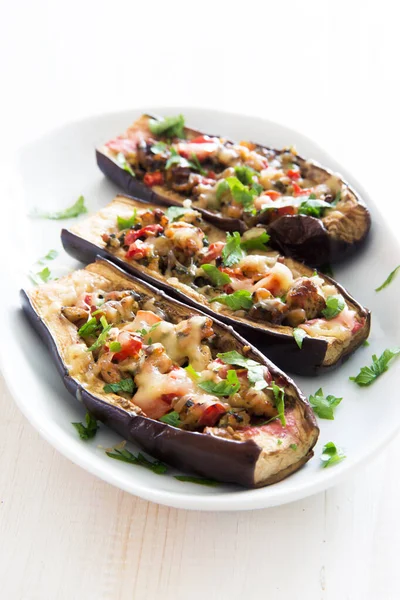 Eggplants Stuffed Meat Mushrooms Tomatoes Close Selective Focus — Stock Photo, Image