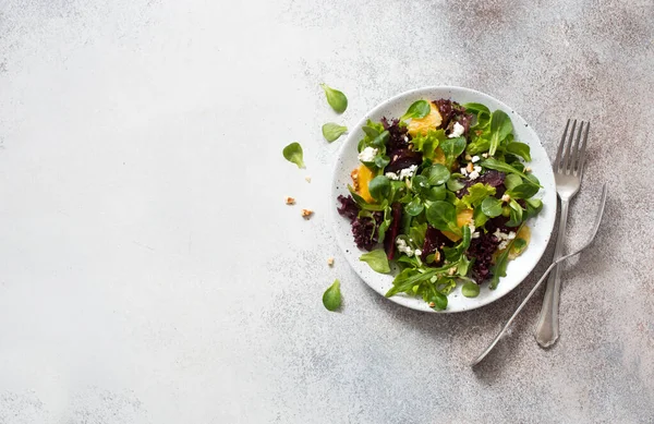 Fresh Beetroot Orange Greens Salad White Plate Gray Stone Background — Stock Photo, Image