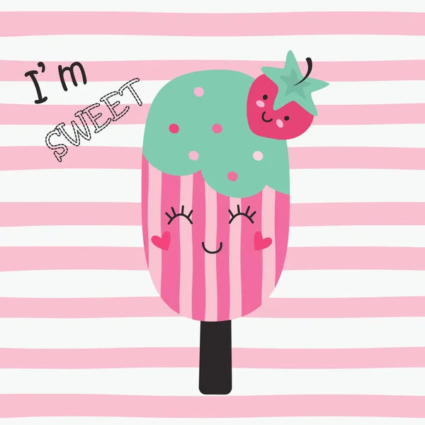 Cute Vector Illustration Funny Ice Cream Strawberry — Stock Vector