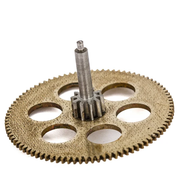 One gear wheel from brass closeup, isolated on white background — Stock Photo, Image