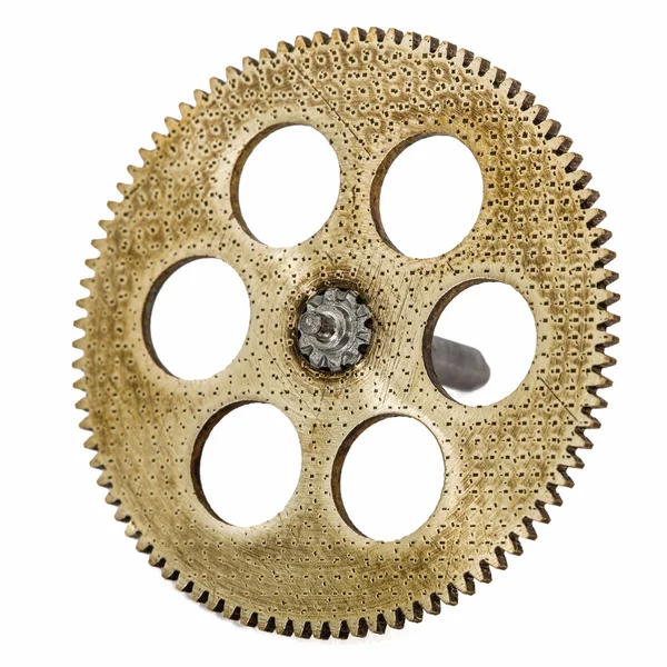One gear wheel from brass closeup, isolated on white background — Stock Photo, Image
