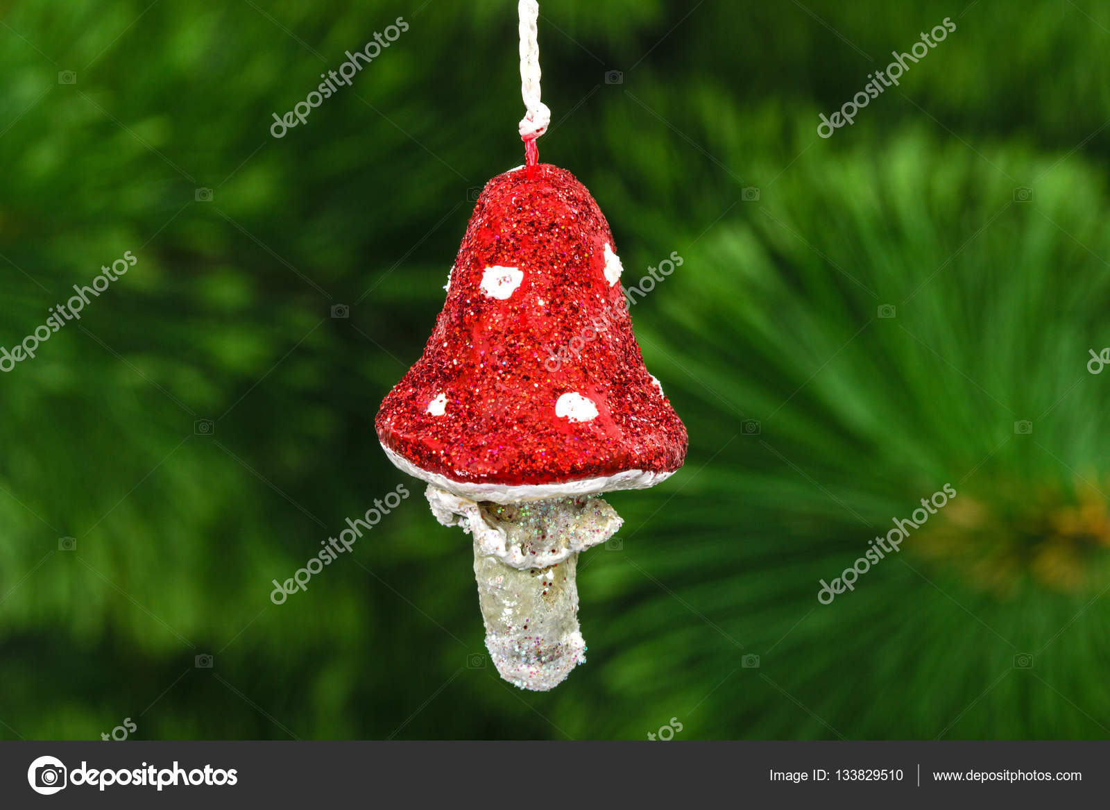 Mushroom Amanita Vintage Decoration On A Christmas Tree Backgro