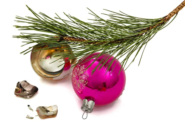 Palla di Natale rotto si trova sotto il ramo del pino, isolato — Foto Stock