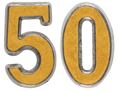 Rakamı 50, metal elli, beyaz arka plan üzerinde izole