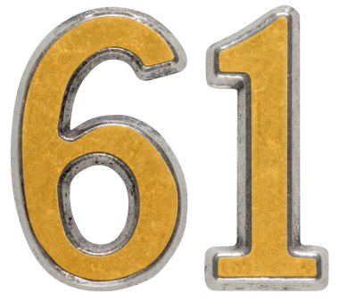 Beyaz arka plan üzerinde izole rakamı 61, altmış bir, metal