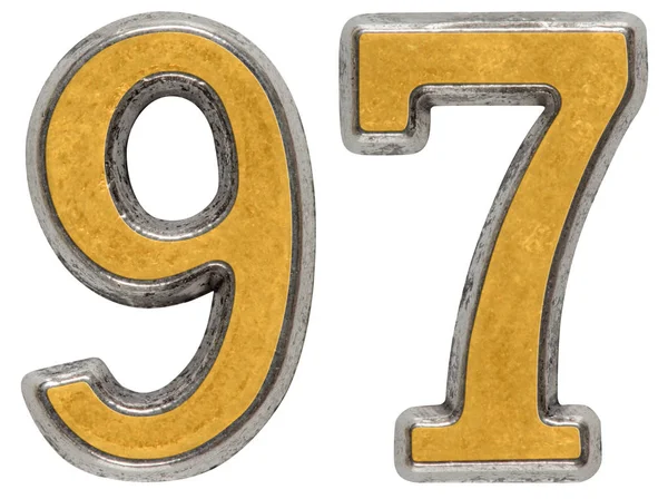 Металева цифра 97, дев'яносто сім, ізольовані на білому тлі — стокове фото