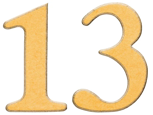 13, třináct číslic ze dřeva v kombinaci s žlutá vložit, isola — Stock fotografie