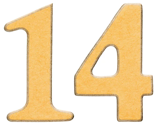 14, fourteen, numeral of wood combined with yellow insert, isola — Stock Photo, Image