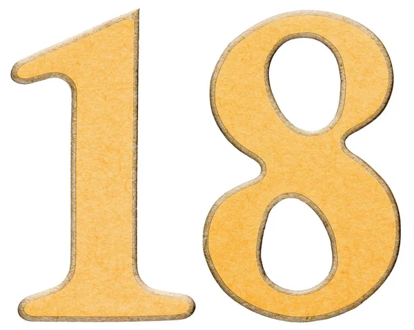 18, eighteen, numeral of wood combined with yellow insert, isola — Stock Photo, Image