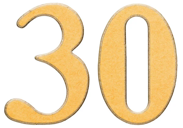 30, třicet, číslice ze dřeva v kombinaci s žlutou vložkou, izolovat — Stock fotografie