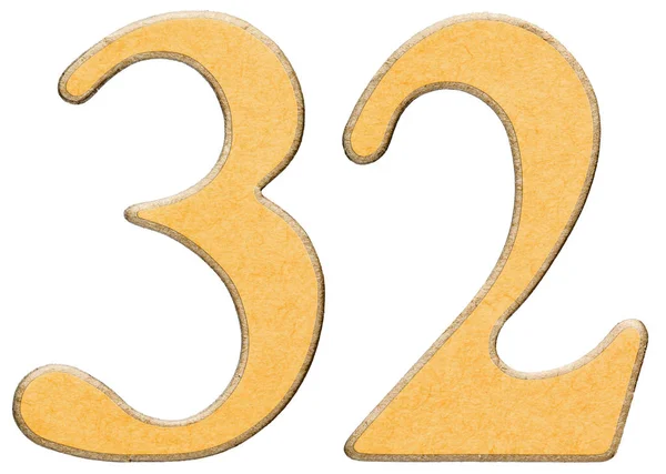 32, thirty two, numeral of wood combined with yellow insert, iso — Stock Photo, Image