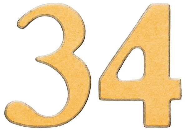 34, thirty four, numeral of wood combined with yellow insert, is — Stock Photo, Image