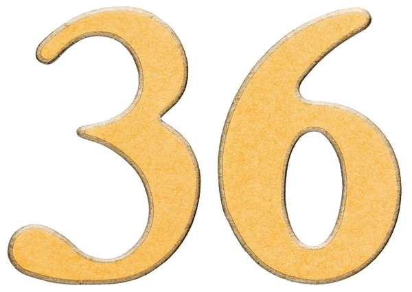 36, thirty six, numeral of wood combined with yellow insert, iso — Stock Photo, Image