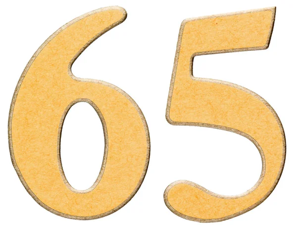 65, vijfenzestig, cijfer van hout gecombineerd met gele invoegen, iso — Stockfoto