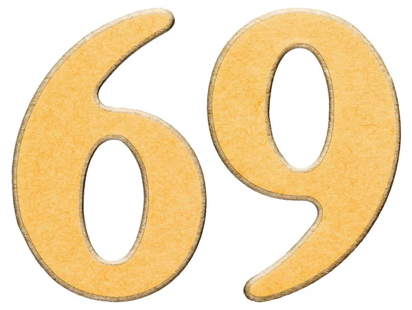 69, neunundsechzig, Ziffer aus Holz kombiniert mit gelbem Einsatz, iso — Stockfoto