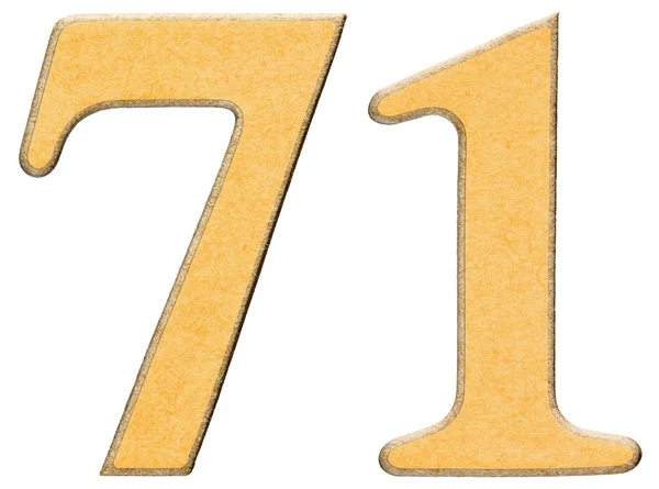71, seventy one, numeral of wood combined with yellow insert, is — Stock Photo, Image