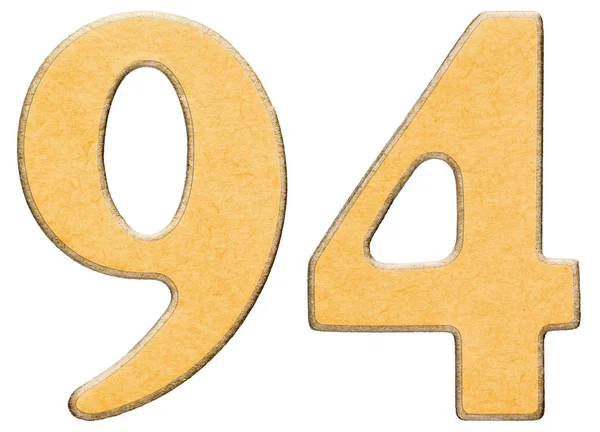 94, ninety four, numeral of wood combined with yellow insert, is — Stock Photo, Image