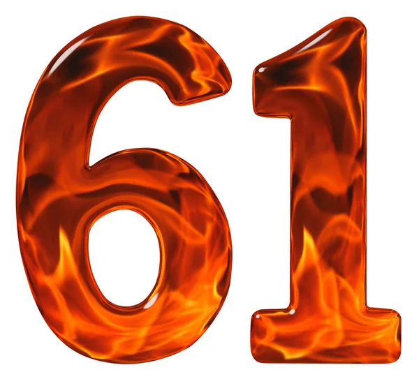 61, шістдесят один, цифра, імітаційне скло і палаючий вогонь, ізольовано — стокове фото