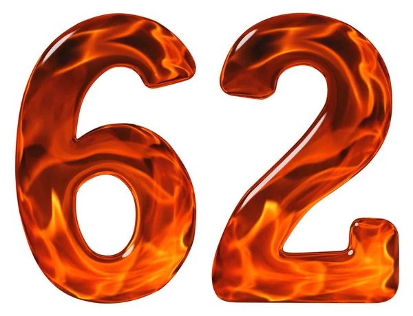 62, шістдесят два, цифра, імітація скла і палаючий вогонь, ізольовані — стокове фото