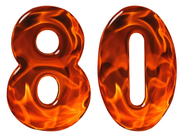 80, oitenta, numeral, vidro de imitação e um fogo ardente, isolado — Fotografia de Stock