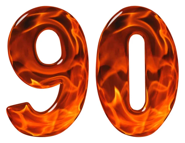 90, noventa, numeral, vidro de imitação e um fogo ardente, isolar — Fotografia de Stock