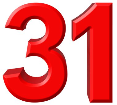 Beyaz arka plan üzerinde 3d render izole rakamı 31, otuz bir,