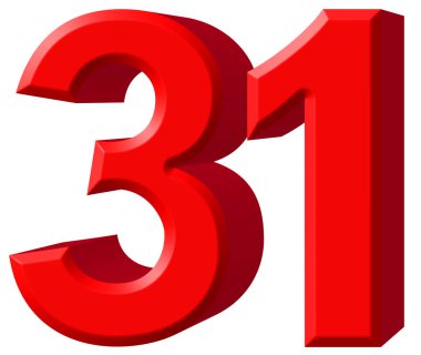 Beyaz arka plan üzerinde 3d render izole rakamı 31, otuz bir,