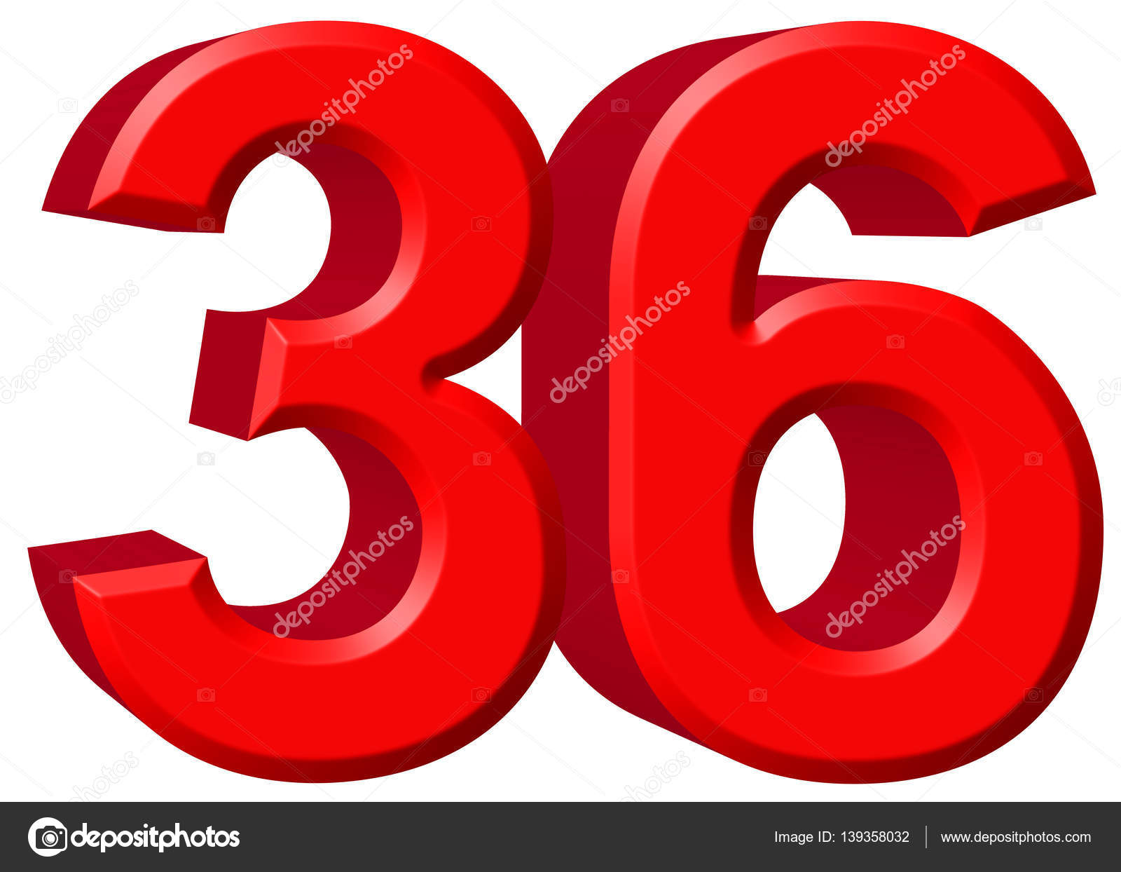 Número 36, trinta e seis, isolado no fundo branco, render 3d