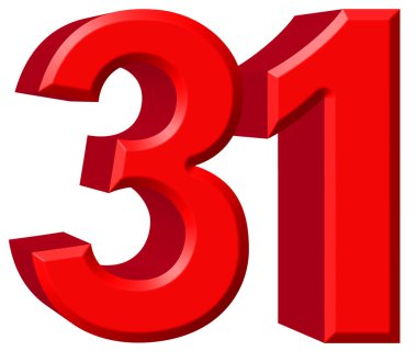 Beyaz arka plan üzerinde 3d render izole rakamı 31, otuz bir,