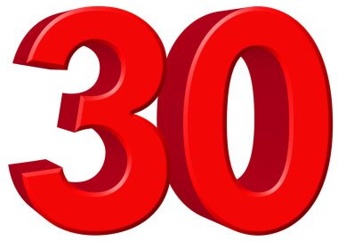 Rakamı 30, otuz, beyaz arka plan üzerinde 3d render izole