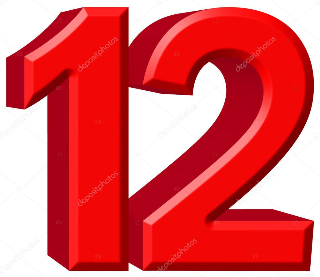 Numeral 12, twelve, isolated on white background, 3d render