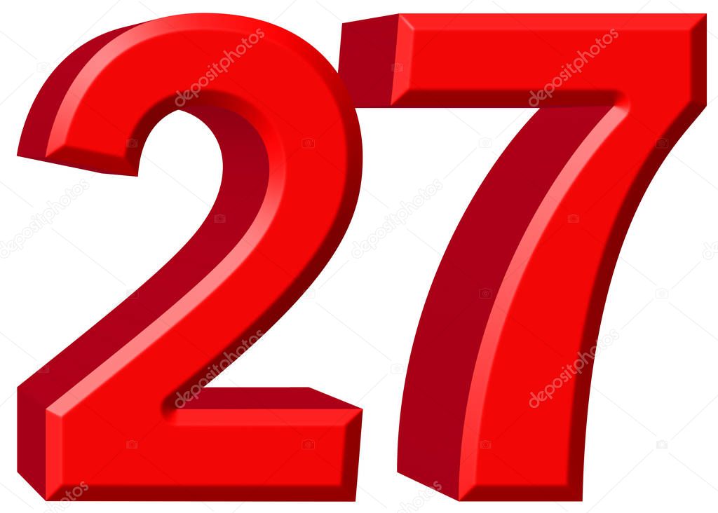 Numeral 27, twenty seven, isolated on white background, 3d rende