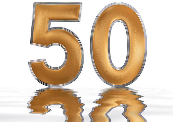 Numeral 50, fifty, reflected on the water surface, isolated on  